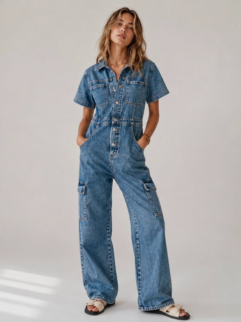 We The Free XS Denim Utility Jumpsuit Blue Acid Wash Cargo Pocket One Piece